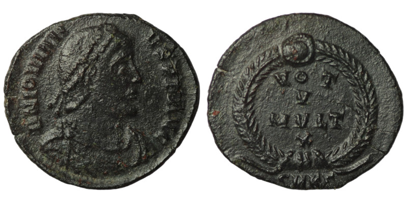 Jovian. (363-364 AD). Æ Follis. Cyzicus. Obv: D N IOVIANVS P F AVG. pearl-diadem...