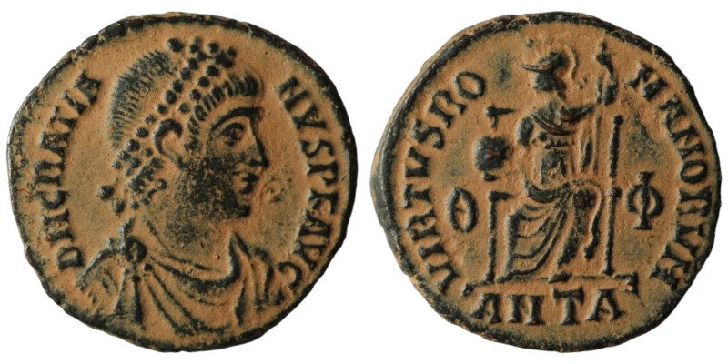 Gratian. (367-383 AD). Æ Follis. Antioch. Obv: D N GRATIANVS P F AVG. pearl-diad...