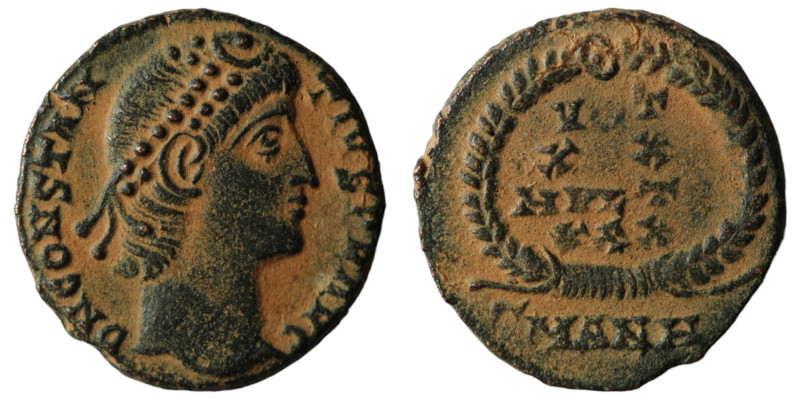 Constans. (347-348 AD). Æ Follis. Antioch. Obv: D N CONSTANS P F AVG. pearl-diad...