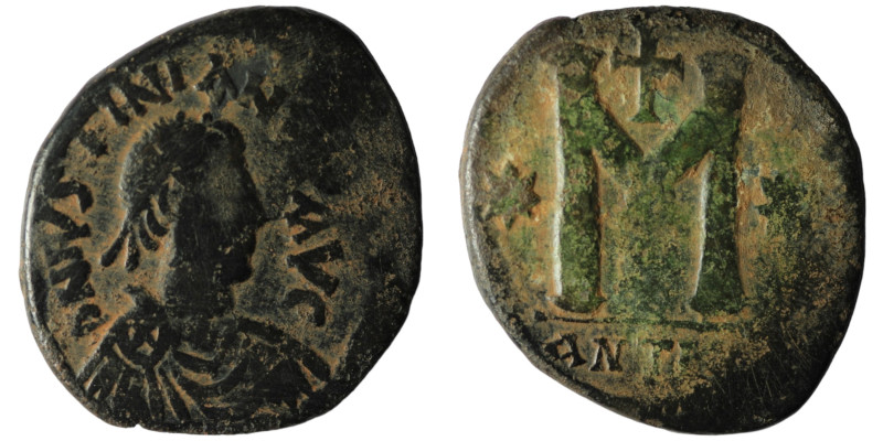 Justinian I. (527-565 AD) Æ Follis. Antioch. Obv: D N IVSTINIANVS PP AVI. diadem...