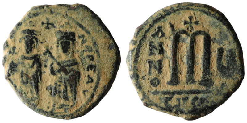 Phocas and Leonita. (602-610 AD) Æ Follis. Theoupolis. Obv: Phocas and Leonita s...