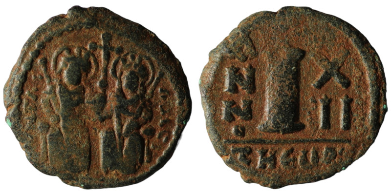 Justin II. and Sophia. (565-578 AD). Æ 10 nummi. Theoupolis. Obv: Justin II. and...