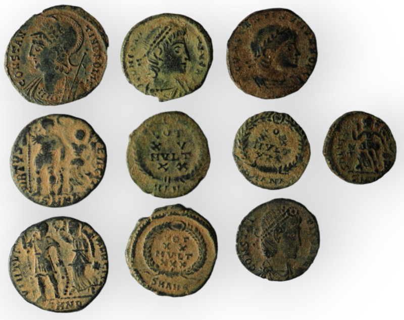 Lot of 10 Roman bronze Follis. artifcial sandpatina. sold as seen, no return.