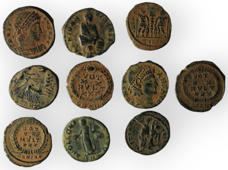 Lot of 10 Roman bronze Follis. artifcial sandpatina. sold as seen, no return.