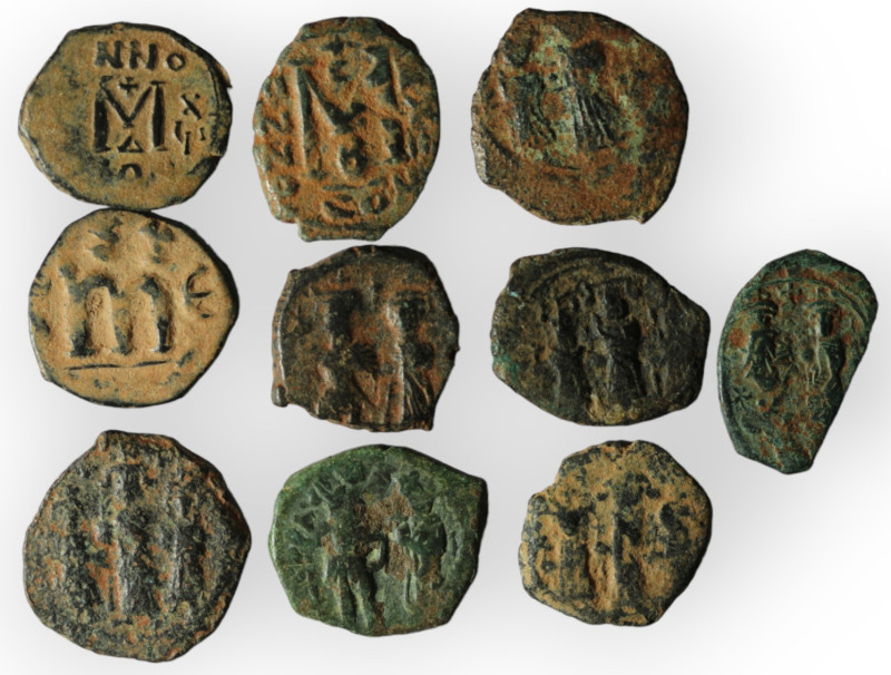 Lot of 10 byzantine bronze coins. artifcial sandpatina. sold as seen, no return.