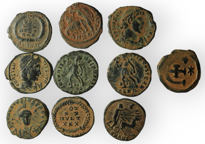 Lot of 10 Roman bronze Follis. artifcial sandpatina. sold as seen, no return.