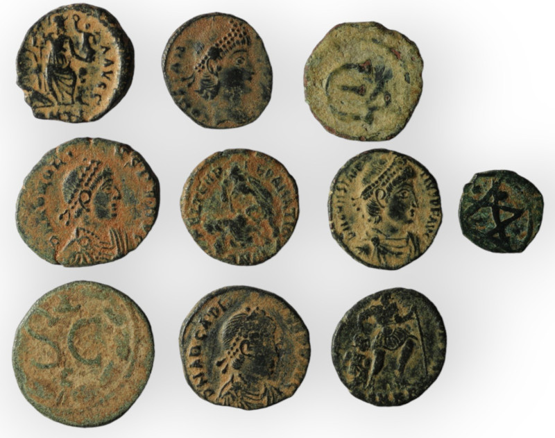 Lot of 10 Roman bronze Follis. artifcial sandpatina. sold as seen, no return.