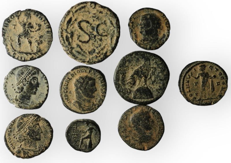 Lot of 10 ancient bronze coins. artifcial sandpatina. sold as seen, no return.