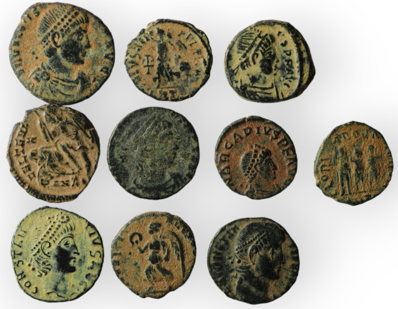 Lot of 10 Roman bronze Follis. artifcial sandpatina. sold as seen, no return.