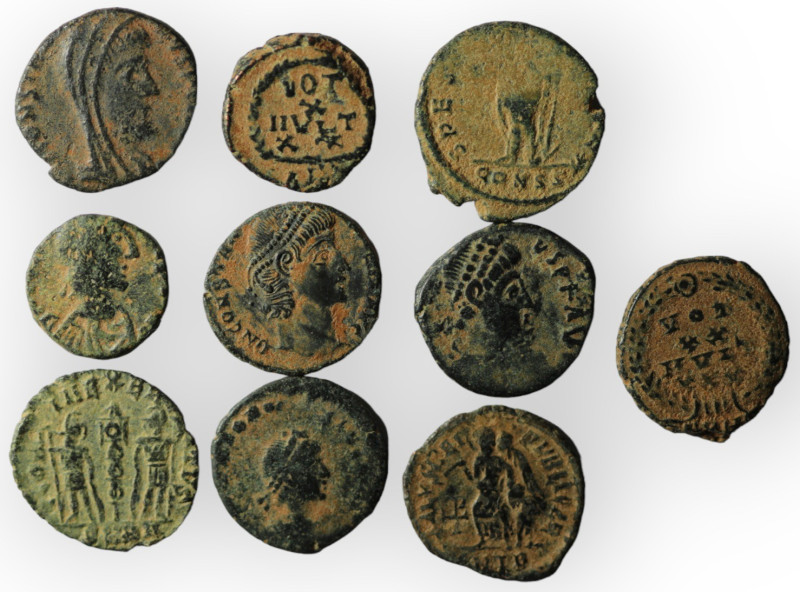 Lot of 10 Roman bronze Follis. artifcial sandpatina. sold as seen, no return.