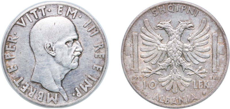 Albania Italian occupation 1939 R 10 Lek - Victor Emmanuel III Silver (.835) Rom...