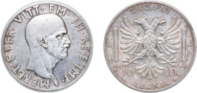 Albania Italian occupation 1939 R 10 Lek - Victor Emmanuel III Silver (.835) Rome Mint (175000) 10g VF KM 34
