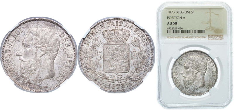 Belgium Kingdom 1873 5 Francs - Léopold II (small head) Silver (.900) Brussels M...