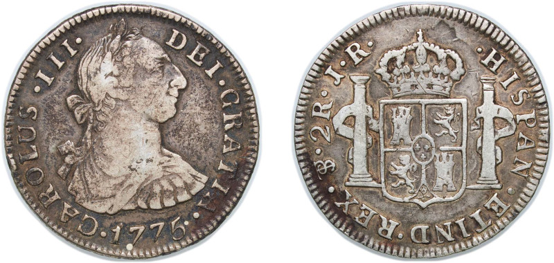 Bolivia Spanish colony 1775 PTS JR 2 Reales - Carlos III Silver (.903) Potosi Mi...