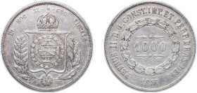 Brazil Empire 1857 1000 Réis - Pedro II Silver (.917) Rio de Janeiro Mint (512322) 12.64g VF KM 465