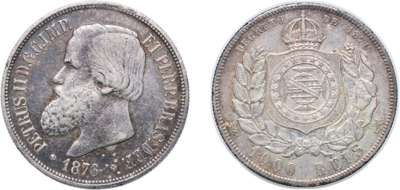 Brazil Empire 1876 1000 Réis - Pedro II Silver (.917) Rio de Janeiro Mint (19381...