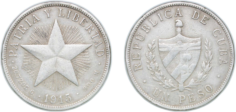 Cuba First Republic 1915 1 Peso Silver (.900) Philadelphia Mint (1976000) 26.49g...