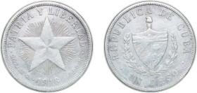 Cuba First Republic 1916 1 Peso Silver (.900) Philadelphia Mint (843000) 26.36g VF KM 15 Y 9