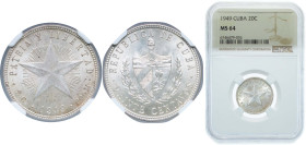 Cuba First Republic 1949 20 Centavos Silver (.900) Philadelphia Mint (13170000) 5g NGC MS 64 KM 13 Y 7 Schön 7