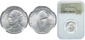Cuba First Republic 1953 25 Centavos (José Martí) Silver (.900) Philadelphia Mint (19000000) 6.25g NGC MS 64 KM 27 Y 21 Schön 25