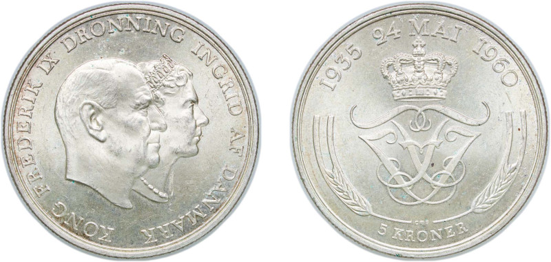 Denmark Kingdom 1960 C♥S 5 Kroner - Frederik IX (Silver Wedding Anniversary) Sil...