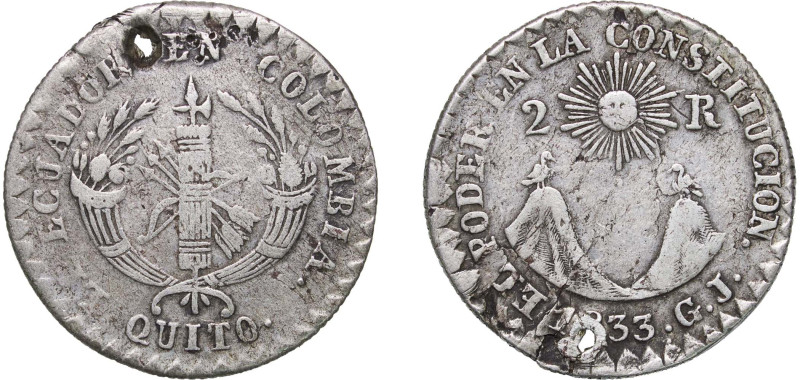 Ecuador Republic 1833 GJ 2 Reales Silver (.666) (1600) 6.2g VF Holed KM 14