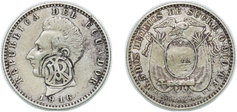 Ecuador Republic 1916 2 Décimos (Countermarked "R A"- initials of Rogelio Alvara...