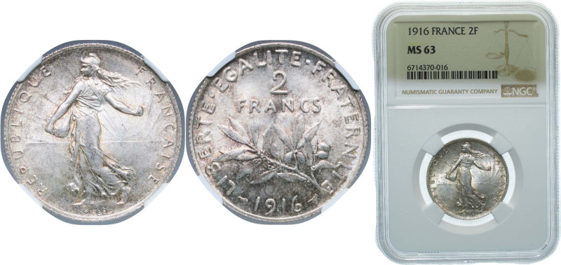 France Third Republic 1916 2 Francs Silver (.835) Paris Mint (17886653) 10g NGC ...