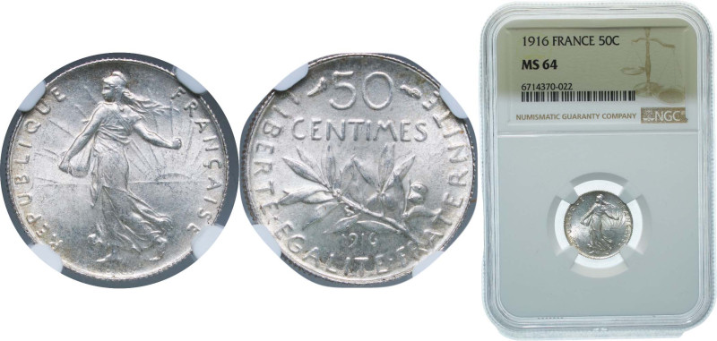 France Third Republic 1916 50 Centimes Silver (.835) Paris Mint (52962657) 2.5g ...