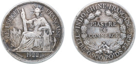 French Indochina French colony 1922 H 1 Piastre Silver (.900) Heaton and Sons / The Mint Birmingham Limited (7420000) 26.68g VF KM 5a.3