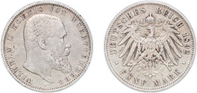 Germany Kingdom of Württemberg Second Empire 1892 F 5 Mark - William II Silver (.900) Stuttgart Mint (69000) 27.64g VF KM 632 J 176 Schön 11 AKS 143 D...