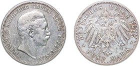 Germany Kingdom of Prussia Second Empire 1895 A 5 Mark - William II Silver (.900) Berlin Mint (831025) 27.62g VF KM 523 AKS 129 J 104 Dav GT III 789