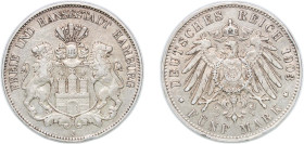 Germany Free Hanseatic city of Hamburg Second Empire 1903 J 5 Mark Silver (.900) Hamburg Mint (588000) 27.59g VF KM 610 J 65 Dav GT III 659 AKS 45