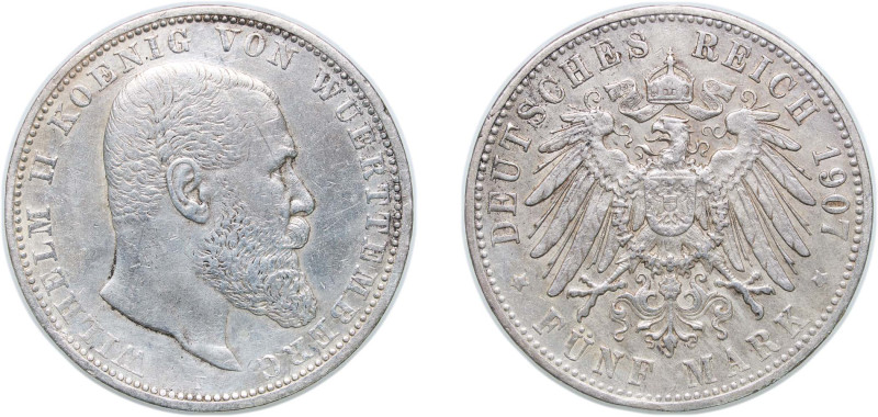 Germany Kingdom of Württemberg Second Empire 1907 F 5 Mark - William II Silver (...