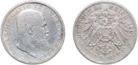 Germany Kingdom of Württemberg Second Empire 1907 F 5 Mark - William II Silver (.900) Stuttgart Mint (436321) 27.73g VF KM 632 J 176 Schön 11 AKS 143 ...