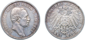 Germany Kingdom of Saxony (Albertinian Line) Second Empire 1909 E 3 Mark - Frederick August III Silver (.900) Muldenhütten Mint (1196719) 16.65g XF KM...