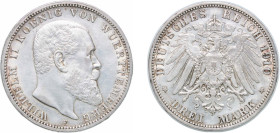 Germany Kingdom of Württemberg Second Empire 1910 F 3 Mark - William II Silver (.900) Stuttgart Mint (837230) 16.667g XF KM 635 J 175