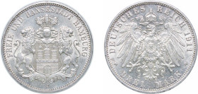 Germany Free Hanseatic city of Hamburg Second Empire 1911 J 3 Mark Silver (.900) Hamburg Mint (922000) 16.64g AU KM 620 J 64 AKS 46