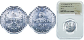 Germany Weimar Republic 1922 A 3 Mark Aluminium Berlin Mint (32514000) 1.95g NGC MS 65 KM 29 AKS 72 J 303 Schön 26