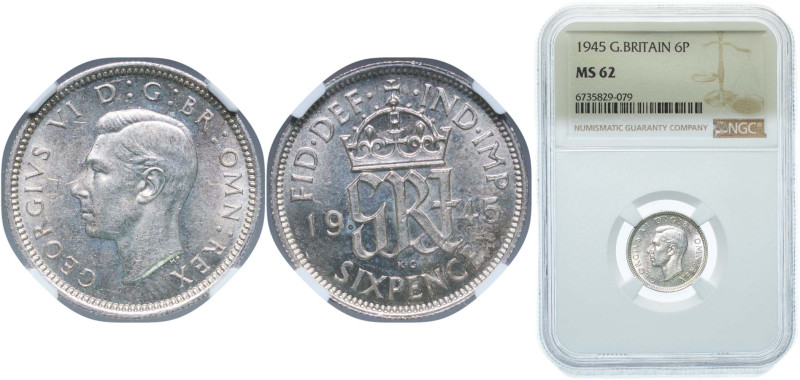 Great Britain United Kingdom 1945 6 Pence - George VI (1st coinage) Silver (.500...