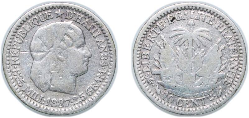 Haiti First Republic 1887 10 Centimes Silver (.835) Paris Mint (1050000) 2.5g VF...