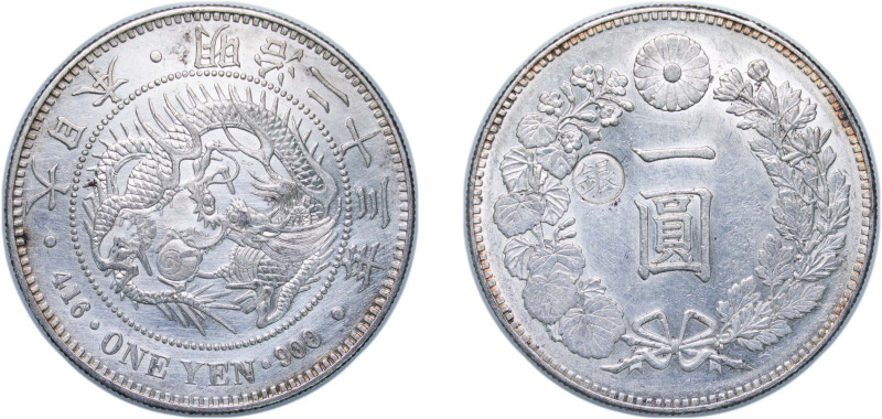 Japan Empire M23 (1890) 年三十二治明 1 Yen - Meiji (¨GIN¨ - countermarked left) Silver...