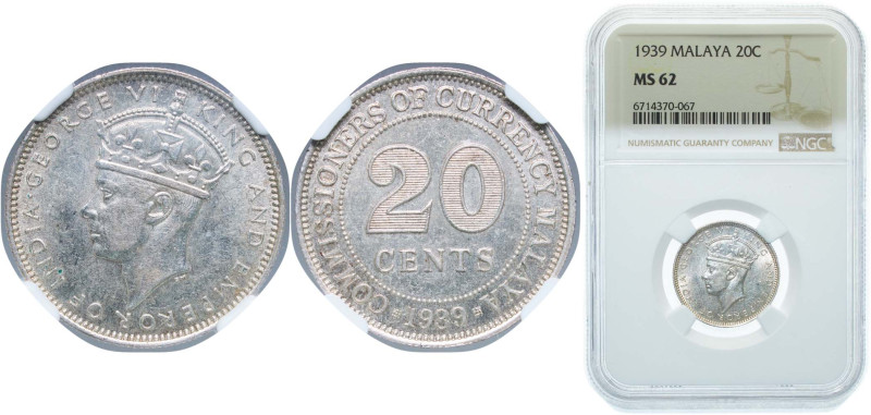 Malaysia Malaya British colony 1939 20 Cents - George VI Silver (.750) Royal Min...