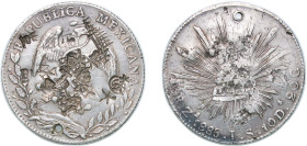 Mexico Federal Republic 1885 Zs JS 8 Reales Silver (.903) Zacatecas Mint (2252000) 26.97g VF Holed Chopmarked KM 377.13