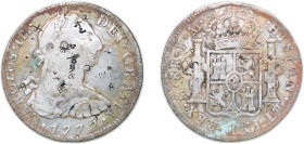 Mexico Spanish colony 1777 Mo FM 8 Reales - Carlos III Silver (.903) Mexico City Mint 26.53g VF Chopmarked KM 106