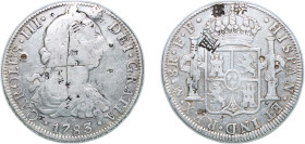 Mexico Spanish colony 1783 Mo FM 8 Reales - Carlos III Silver (.903) Mexico City Mint 26.77g VF Chopmarked KM 106