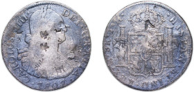 Mexico Spanish colony 1807 Mo TH 8 Reales - Carlos IV Silver (.903) Mexico City Mint 26.35g VF Chopmarked KM 109