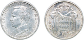 Monaco Principalty 1960 5 Francs - Rainier III Silver (.835) Paris Mint (125000) 12g AU KM 141 Gad MC152