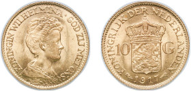 Netherlands Kingdom 1917 10 Gulden - Wilhelmina Gold (.900) Utrecht Mint (4000000) 6.73g UNC KM 149 Fr 349 Delmonte G 1234
