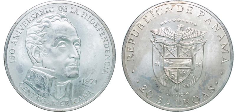 Panama Republic 1971 FM 20 Balboas (Central American Independence) Silver (.925)...